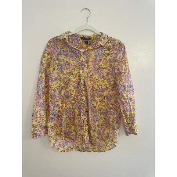 Lauren by Ralph Lauren Tops - Ralph Lauren Women's 100% Cotton Preppy Purple/Yellow Pailsey Button Down Large